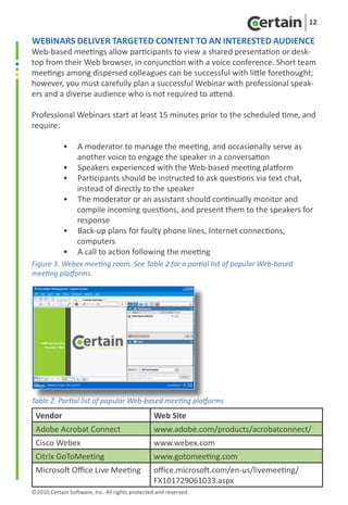 12

Webinars deliver targeted content to an interested audience
Web-based meetings allow participants to view a shared presentation or desk-
top from their Web browser, in conjunction with a voice conference. Short team
meetings among dispersed colleagues can be successful with little forethought;
however, you must carefully plan a successful Webinar with professional speak-
ers and a diverse audience who is not required to attend.

Professional Webinars start at least 15 minutes prior to the scheduled time, and
require:

	            •    A moderator to manage the meeting, and occasionally serve as
                  another voice to engage the speaker in a conversation
	            •    Speakers experienced with the Web-based meeting platform
	            •    Participants should be instructed to ask questions via text chat,
                  instead of directly to the speaker
	            •    The moderator or an assistant should continually monitor and
	                 compile incoming questions, and present them to the speakers for
                  response
	            •    Back-up plans for faulty phone lines, Internet connections,
	                 computers
	            •    A call to action following the meeting
Figure 3. Webex meeting room. See Table 2 for a partial list of popular Web-based
meeting platforms.




Table 2. Partial list of popular Web-based meeting platforms
    Vendor                                      Web Site
    Adobe Acrobat Connect                       www.adobe.com/products/acrobatconnect/
    Cisco Webex                                 www.webex.com
    Citrix GoToMeeting                          www.gotomeeting.com
    Microsoft Office Live Meeting               office.microsoft.com/en-us/livemeeting/
                                                FX101729061033.aspx
©2010 Certain Software, Inc. All rights protected and reserved.
 