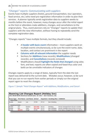 25 BEHIND THE SCENE OF A SUCCESSFUL EVENT

“Changes” reports: Communicating with suppliers
Events have multiple suppliers (hotels, ground transportation, tour operators,
food service, etc.) who need pre-registration information in order to plan their
services. A planner typically sends registration data to suppliers weeks to
months before the event, however, many changes occur after the initial report
as the host or attendees make additions, changes, and cancellations to the
original plans. Thus, event planners rely on “Changes” reports to update their
suppliers with the new information, without having to repeatedly send the
complete registration data.

“Changes reports” have multiple formats, but they should include:

	           •  A header with basic event information – most suppliers work on
	              multiple events simultaneously, so be sure the event name, date,
	              location, and contact are prominent in the report
	           •		Columns with all relevant information the supplier needs
	           • Sections for Additions (new records), Modifications (changed
               records), and Cancellations (records removed)
	           •	 Modifications should highlight the fields that changed using color,
               font, and text; reports are often copied and faxed thus color and
               bold can be unreliable indicators of changes

Changes reports apply to a range of dates, typically from the date the last
report was delivered to the current date. Mistakes occur, however, so be sure
that you can re-run reports from earlier periods or simply run the original
report again to reset the changes.

Figure 7. Sample “Hotel Changes Report” with Additions, Modifications, and Cancel-




©2010 Certain Software, Inc. All rights protected and reserved.
 