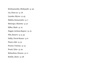 Krishnamurthy, Shrikaanth - p. 40
Liu, Chen-ou - p. 18
Lysenko, Myron - p. 43
Mallick, Kumarendra - p. 7
McGregor, Marietta - p. 57
Miller, Mark - p. 10
Nagpal, Archana Kapoor - p. 19
Nila, Kanavu - p. 3, 44
Padhy, Pravat Kumar - p. 6
Pisani, Jade - p. 31
Proctor, Vanessa - p. 13
Pruett, Tyler - p. 29
Richardson, Duncan - p. 11
Rotella, Alexis - p. 28
 