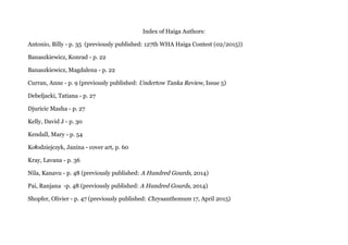 Index of Haiga Authors:
Antonio, Billy - p. 35 (previously published: 127th WHA Haiga Contest (02/2015))
Banaszkiewicz, Konrad - p. 22
Banaszkiewicz, Magdalena - p. 22
Curran, Anne - p. 9 (previously published: Undertow Tanka Review, Issue 5)
Debeljacki, Tatiana - p. 27
Djuricic Masha - p. 27
Kelly, David J - p. 30
Kendall, Mary - p. 54
Ko odziejczyk, Janina - cover art, p. 60ł
Kray, Lavana - p. 36
Nila, Kanavu - p. 48 (previously published: A Hundred Gourds, 2014)
Pai, Ranjana -p. 48 (previously published: A Hundred Gourds, 2014)
Shopfer, Olivier - p. 47 (previously published: Chrysanthemum 17, April 2015)
 