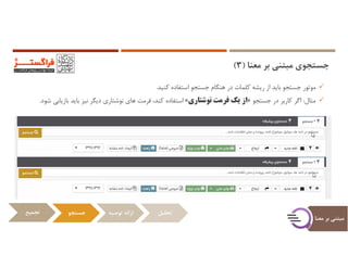 ‫ﻣﻌﻨﺎ‬ ‫ﺑﺮ‬ ‫ﻣﺒﺘﻨﻲ‬ ‫ﺟﺴﺘﺠﻮي‬)3(
‫ﻣﻌ‬ ‫ﺑﺮ‬ ‫ﻣﺒﺘﻨﻲ‬‫ﻨﺎ‬
‫ﻣﻮﺗﻮر‬‫ﺟﺴﺘﺠﻮ‬‫ﺑﺎﻳﺪ‬‫از‬‫رﻳﺸﻪ‬‫ﻛﻠﻤﺎت‬‫در‬‫ﻫﻨﮕﺎم‬‫ﺟﺴﺘﺠﻮ‬‫اﺳﺘﻔﺎده‬‫ﻛﻨﻴﺪ‬.
‫ﻣﺜﺎل‬:‫اﮔﺮ‬‫ﻛﺎرﺑﺮ‬‫در‬‫ﺟﺴﺘﺠﻮ‬»‫از‬‫ﻳﻚ‬‫ﻓﺮﻣﺖ‬‫ﻧﻮﺷﺘﺎري‬«‫اﺳﺘﻔﺎده‬،‫ﻛﻨﺪ‬‫ﻓﺮﻣﺖ‬‫ﻫﺎي‬‫ﻧﻮﺷﺘﺎري‬‫دﻳﮕﺮ‬‫ﻧﻴﺰ‬‫ﺑﺎﻳﺪ‬‫ﺑﺎزﻳﺎﺑ‬‫ﻲ‬‫ﺷﻮد‬.
‫ﺗﺠﻤﻴﻊ‬ ‫ﺟﺴﺘﺠﻮ‬ ‫ﺗﻮﺻﻴﻪ‬ ‫اراﺋﻪ‬ ‫ﺗﺤﻠﻴﻞ‬
 