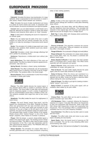 EUROPOWER PMX2000
                                                                        (slow or fast) rotating speakers.



  Cathedral: Simulates the dense, long reverberation of a large
cathedral, which is appropriate for solo instruments or vocals in
slow pieces. Please choose between two variations.                        Delay: A delay of the input signal with various repetitions.
  Plate: Simulates the sound of plate reverberators and hence           Different tempo settings (ten variations in total) allow interesting
is a classic for drums (snare) and vocals. In comparison with           delay effects.
the first variation, the second one features more high-end sparkle.       Echo: Similar to the stereo delay, with the difference being
   Concert: Here, you can select between a small theater and a          that the repetitions have less presence. This simulates the
large hall. Although this program is similar to studio (see below)      character of the original tape echo that was used before the
it features more presence which adds to its “lively” character.         digital era and can be thought of as a “Vintage Sound”.

  Stage: Is well suited to dissipating the sound of a keyboard or        Multi Tap: A delay effect with changing stereo positioning.
an acoustic guitar.                                                     Four variations are available.

  Room: You can clearly hear the walls of the room. A useful
program for reverb that isn’t directly noticable (rap, hip hop
vocals) or to make dry recordings of instruments sound natural
again.
  Studio: This simulation of a middle to large-sized room is also         Chorus & Reverb: This algorithm combines the popular
available in two variations. Both variations sound very natural.        chorus with a reverb effect. Taking all variations into account,
Very all-round effect.                                                  they differ in the length of reverb.

  Small Hall: Simulates a small, lively (strongly reflecting) hall        Flanger & Reverb: The combination of flanger and reverb effects.
and is perfect for processing drums.                                      Phaser & Reverb: The combination of a classic stereo phaser
  Ambience: Reproduces a middle-sized room without late                 and a reverb effect. Here, too, the phaser is combined with
reflections.                                                            different reverb types.

  Early Reflections: The initial reflections of this room are             Rotary Speaker & Reverb: A real classic, the rotary speaker
clearly audible. This effect is a classic for dynamic signals (drums,   effect, is processed with a reverb effect. This effect works
percussion, slap bass etc.).                                            especially well with keyboards and guitars.

    Spring Reverb: Simulates a classic spring reverberation.              Delay & Reverb: Delay and reverb is the most common
                                                                        combination for vocals, solo guitars, etc.
  Gated Reverb: This effect synthetically cuts off reverberation
after a period of time. It is famous in the song “In the Air Tonight”     Pitch & Reverb: The pitch shifter slightly detunes the audio
by Phil Collins. The variations differ in the reverb length.            signal, while the reverb adds ambience to the signal.

  Reverse Reverb: This is a reverberation in which the envelope           Delay & Chorus: While the chorus can contribute to a
is reversed—it slowly gets louder.                                      wideness of the signal, interesting repetition effects can be
                                                                        adjusted with the delay. Vocals can be given a distinctive effect
                                                                        without making the voice sounding blurred.
                                                                           Delay & Flanger: This effect is just right for creating a modern,
                                                                        slightly “spacey” vocal sound.

  Chorus: This effect slightly detunes the original signal. A             Delay & Pitch: A repetition of the audio signal, with an
very pleasant detune effect is created in connection with the           oscillatory effect added by the pitch shifter.
pitch variation. The chorus effect is quite often and extensively
used for dispersing signals—in such a variety of applications
that any recommendation would mean a limitation of their use.
The variations available here range from slow to fast chorus
effects.
                                                                          3-Voice Pitch: The pitch effect can be used to produce a
  Symphonic: This effect creates the sound of an eight-person (!)       cartoon-character type voice effect.
vocal chorus.
                                                                           LFO Bandpass: Filters, in general, influence the frequency
   Flanger: The word “flange” means “tape spool”, and this              response of a signal. A low-pass filter allows low frequencies
explains the characteristics of the effect. Originally the flanger      to pass and suppresses high frequencies, while a high pass
effect was generated with two tape recorders which ran                  filter allows high frequencies to pass and suppresses low
synchronously. The same audio signal was recorded on both               frequencies. This LFO bandpass effect is complemented by
machines. If you put a finger on the left spool of one of the           modulation due to a LFO (Low Frequency Oscillator).
machines, the spool and the playback speed are slowed down.
The generated delay results in phase shifting of the signals.             Vocal Distortion: This effect is very hip when used on vocals
Please choose either “medium flanger” or one of the “bright             and drum loops.
flanger” programs, which feature an increase in presence.                 Vinylizer: This effect adds clicks and noise to your audio
  Phaser: With the phaser, a second, phase-shifted signal is            signal, simulating old vinyl records.
added to the original audio signal. The resulting sound is thicker        Space Radio: Here, the typical sound of scanning an FM
and above all livelier. This effect is often used for guitar sounds     tuner is simulated. This can be a very interesting effect when
and keyboards. In the ’70s, it was also extensively used for            sound-tracking radio plays.
other instruments like electric pianos. The PMX2000 offers you
four different phaser variations.                                         Test Tone: Use this 1 kHz test tone to facilitate P.A. level setting.
  Rotary Speaker: The simulation of a classic effect that is
normally generated with a very heavy enclosure comprising


6                                                    3. EFFECTS PROCESSOR
 