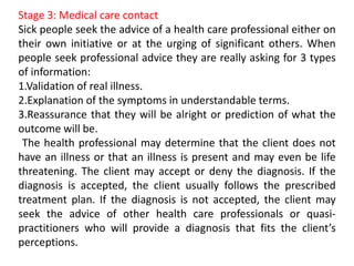 Stage 3: Medical care contact
Sick people seek the advice of a health care professional either on
their own initiative or at the urging of significant others. When
people seek professional advice they are really asking for 3 types
of information:
1.Validation of real illness.
2.Explanation of the symptoms in understandable terms.
3.Reassurance that they will be alright or prediction of what the
outcome will be.
The health professional may determine that the client does not
have an illness or that an illness is present and may even be life
threatening. The client may accept or deny the diagnosis. If the
diagnosis is accepted, the client usually follows the prescribed
treatment plan. If the diagnosis is not accepted, the client may
seek the advice of other health care professionals or quasi-
practitioners who will provide a diagnosis that fits the client’s
perceptions.
 