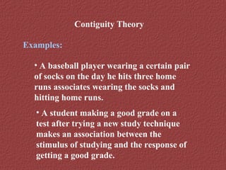 Contiguity Theory 
Examples: 
• A baseball player wearing a certain pair 
of socks on the day he hits three home 
runs associates wearing the socks and 
hitting home runs. 
• A student making a good grade on a 
test after trying a new study technique 
makes an association between the 
stimulus of studying and the response of 
getting a good grade. 
 
