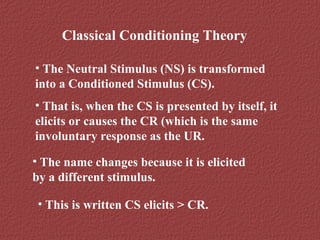Classical Conditioning Theory 
• The Neutral Stimulus (NS) is transformed 
into a Conditioned Stimulus (CS). 
• That is, when the CS is presented by itself, it 
elicits or causes the CR (which is the same 
involuntary response as the UR. 
• The name changes because it is elicited 
by a different stimulus. 
• This is written CS elicits > CR. 
 