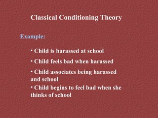 Classical Conditioning Theory 
Example: 
• Child is harassed at school 
• Child feels bad when harassed 
• Child associates being harassed 
and school 
• Child begins to feel bad when she 
thinks of school 
 