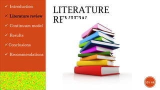 10 / 44
 Introduction
 Literature review
 Continuum model
 Results
 Conclusions
 Recommendations
LITERATURE
REVIEW
 