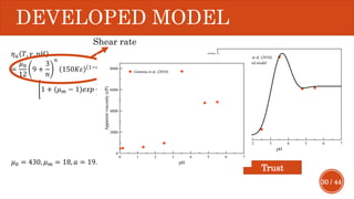 30 / 44
DEVELOPED MODEL
𝜂 𝑎 𝑇, 𝛾, 𝑝𝐻
=
𝜇0
12
9 +
3
𝑛
𝑛
150𝐾𝜀 Τ1−𝑛 2 𝐔 𝑛−1 1 − 𝛼
𝑇 − 𝑇0
𝑇0
ቈ1 + (𝜇 𝑚 − 1)𝑒𝑥𝑝
−𝑎( )𝑝𝐻 − 𝑝𝐻 𝑚
2
)𝑝𝐻(7 − 𝑝𝐻
𝜇0 = 430, 𝜇 𝑚 = 18, 𝑎 = 19.9, 𝑝𝐻 𝑚 = 3.6, 𝑏 = 1.4, 𝑐 = 6.6, 𝑊 = 3.2
Trust
Region
Shear rate
 