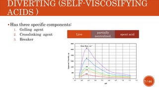 7 / 44
DIVERTING (SELF-VISCOSIFYING
ACIDS )
 Has three specific components:
1. Gelling agent
2. Crosslinking agent
3. Breaker
Live
partially
neutralized,
spent acid
 
