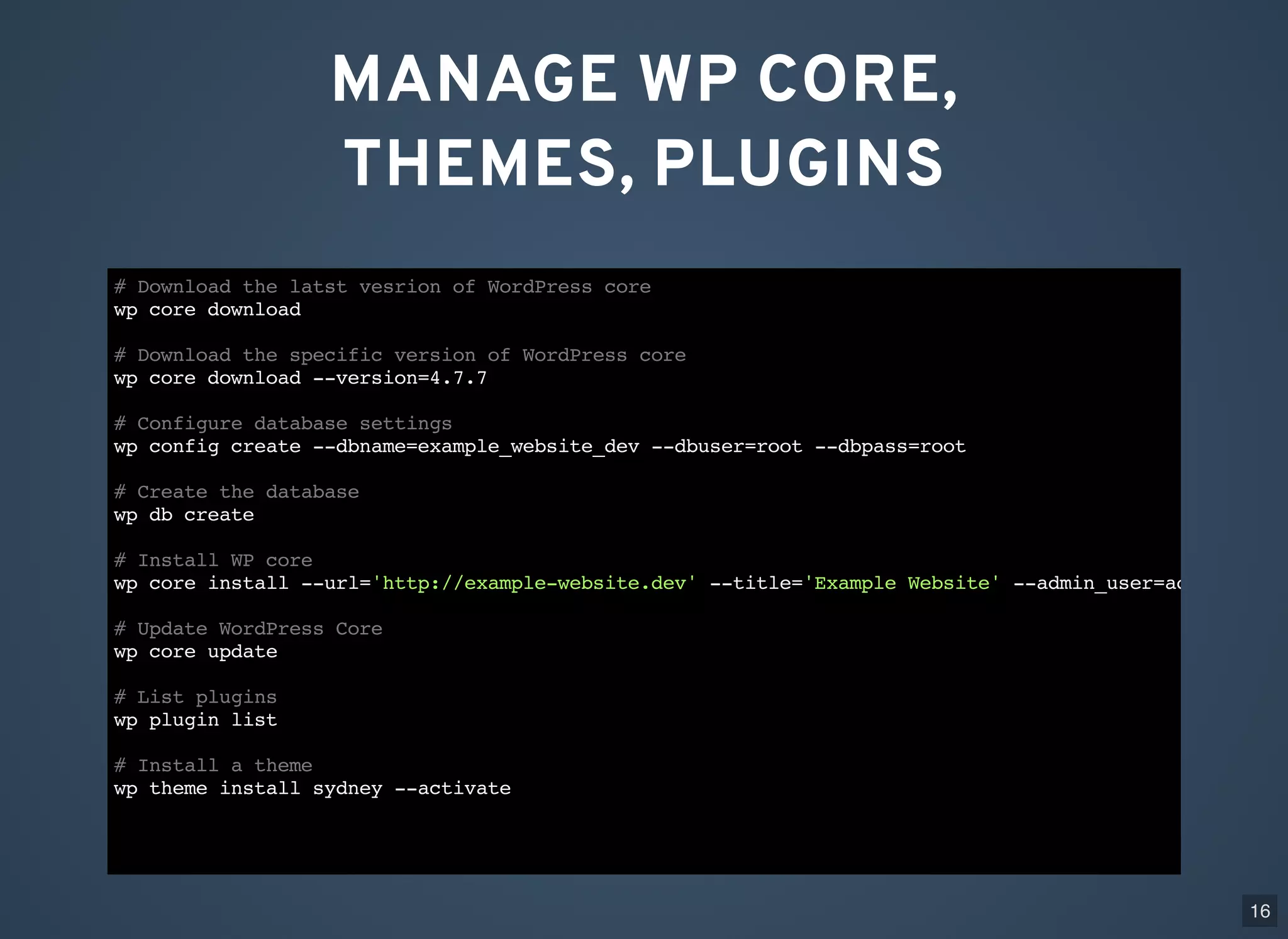 MANAGE WP CORE, THEMES, PLUGINS # Download the latst vesrion of WordPress core wp core download # Download the specific version of WordPress core wp core download --version=4.7.7 # Configure database settings wp config create --dbname=example_website_dev --dbuser=root --dbpass=root # Create the database wp db create # Install WP core wp core install --url='http://example-website.dev' --title='Example Website' --admin_user=admin --adm # Update WordPress Core wp core update # List plugins wp plugin list # Install a theme wp theme install sydney --activate 16 