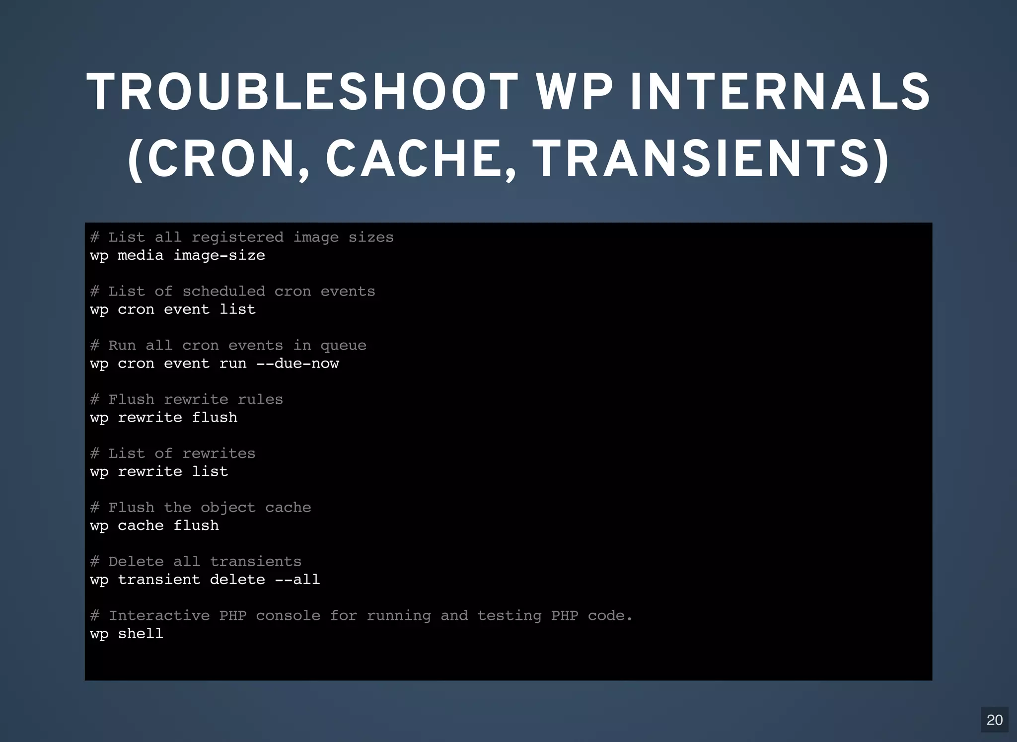 TROUBLESHOOT WP INTERNALS (CRON, CACHE, TRANSIENTS) # List all registered image sizes wp media image-size # List of scheduled cron events wp cron event list # Run all cron events in queue wp cron event run --due-now # Flush rewrite rules wp rewrite flush # List of rewrites wp rewrite list # Flush the object cache wp cache flush # Delete all transients wp transient delete --all # Interactive PHP console for running and testing PHP code. wp shell 20 