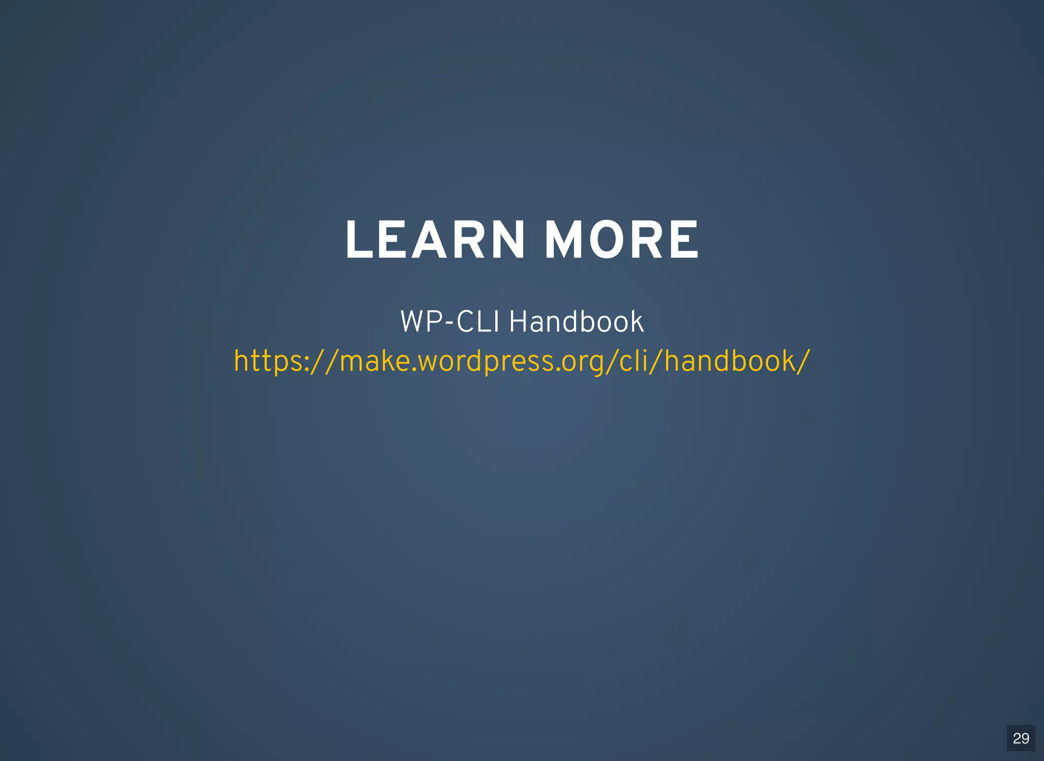 LEARN MORE WP-CLI Handbook https://make.wordpress.org/cli/handbook/ 29 