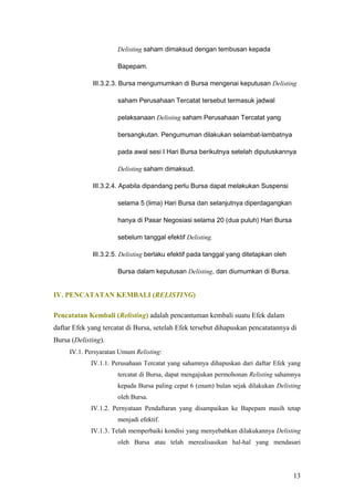 Delisting saham dimaksud dengan tembusan kepada

                      Bapepam.

             III.3.2.3. Bursa mengumumkan di Bursa mengenai keputusan Delisting

                      saham Perusahaan Tercatat tersebut termasuk jadwal

                      pelaksanaan Delisting saham Perusahaan Tercatat yang

                      bersangkutan. Pengumuman dilakukan selambat-lambatnya

                      pada awal sesi I Hari Bursa berikutnya setelah diputuskannya

                      Delisting saham dimaksud.

             III.3.2.4. Apabila dipandang perlu Bursa dapat melakukan Suspensi

                      selama 5 (lima) Hari Bursa dan selanjutnya diperdagangkan

                      hanya di Pasar Negosiasi selama 20 (dua puluh) Hari Bursa

                      sebelum tanggal efektif Delisting.

             III.3.2.5. Delisting berlaku efektif pada tanggal yang ditetapkan oleh

                      Bursa dalam keputusan Delisting, dan diumumkan di Bursa.


IV. PENCATATAN KEMBALI (RELISTING)

Pencatatan Kembali (Relisting) adalah pencantuman kembali suatu Efek dalam
daftar Efek yang tercatat di Bursa, setelah Efek tersebut dihapuskan pencatatannya di
Bursa (Delisting).
     IV.1. Persyaratan Umum Relisting:
             IV.1.1. Perusahaan Tercatat yang sahamnya dihapuskan dari daftar Efek yang
                      tercatat di Bursa, dapat mengajukan permohonan Relisting sahamnya
                      kepada Bursa paling cepat 6 (enam) bulan sejak dilakukan Delisting
                      oleh Bursa.
             IV.1.2. Pernyataan Pendaftaran yang disampaikan ke Bapepam masih tetap
                      menjadi efektif.
             IV.1.3. Telah memperbaiki kondisi yang menyebabkan dilakukannya Delisting
                      oleh Bursa atau telah merealisasikan hal-hal yang mendasari




                                                                                      13
 