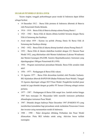 SEJARAH PENDIRIAN BURSA EFEK
       Secara singkat, tonggak perkembangan pasar modal di Indonesia dapat dilihat
sebagai berikut:
       14 Desember 1912 : Bursa Efek pertama di Indonesia dibentuk di Batavia
        oleh Pemerintah Hindia Belanda.
       1914 – 1918 : Bursa Efek di Batavia ditutup selama Perang Dunia I
       1925 – 1942 : Bursa Efek di Jakarta dibuka kembali bersama dengan Bursa
        Efek di Semarang dan Surabaya
       Awal tahun 1939 : Karena isu politik (Perang Dunia II) Bursa Efek di
        Semarang dan Surabaya ditutup.
       1942 – 1952 : Bursa Efek di Jakarta ditutup kembali selama Perang Dunia II
       1952 : Bursa Efek di Jakarta diaktifkan kembali dengan UU Darurat Pasar
        Modal 1952, yang dikeluarkan oleh Menteri kehakiman (Lukman Wiradinata)
        dan Menteri keuangan (Prof.DR. Sumitro Djojohadikusumo). Instrumen yang
        diperdagangkan: Obligasi Pemerintah RI (1950)
       1956 : Program nasionalisasi perusahaan Belanda. Bursa Efek semakin tidak
        aktif.
       1956 – 1977 : Perdagangan di Bursa Efek vakum.
       10 Agustus 1977 : Bursa Efek diresmikan kembali oleh Presiden Soeharto.
        BEJ dijalankan dibawah BAPEPAM (Badan Pelaksana Pasar Modal). Tanggal
        10 Agustus diperingati sebagai HUT Pasar Modal. Pengaktifan kembali pasar
        modal ini juga ditandai dengan go public PT Semen Cibinong sebagai emiten
        pertama.
       1977 – 1987 : Perdagangan di Bursa Efek sangat lesu. Jumlah emiten hingga
        1987 baru mencapai 24. Masyarakat lebih memilih instrumen perbankan
        dibandingkan instrumen Pasar Modal.
       1987 : Ditandai dengan hadirnya Paket Desember 1987 (PAKDES 87) yang
        memberikan kemudahan bagi perusahaan untuk melakukan Penawaran Umum
        dan investor asing menanamkan modal di Indonesia.
       1988 – 1990 : Paket deregulasi dibidang Perbankan dan Pasar Modal
        diluncurkan. Pintu BEJ terbuka untuk asing. Aktivitas bursa terlihat
        meningkat.




                                                                                     3
 
