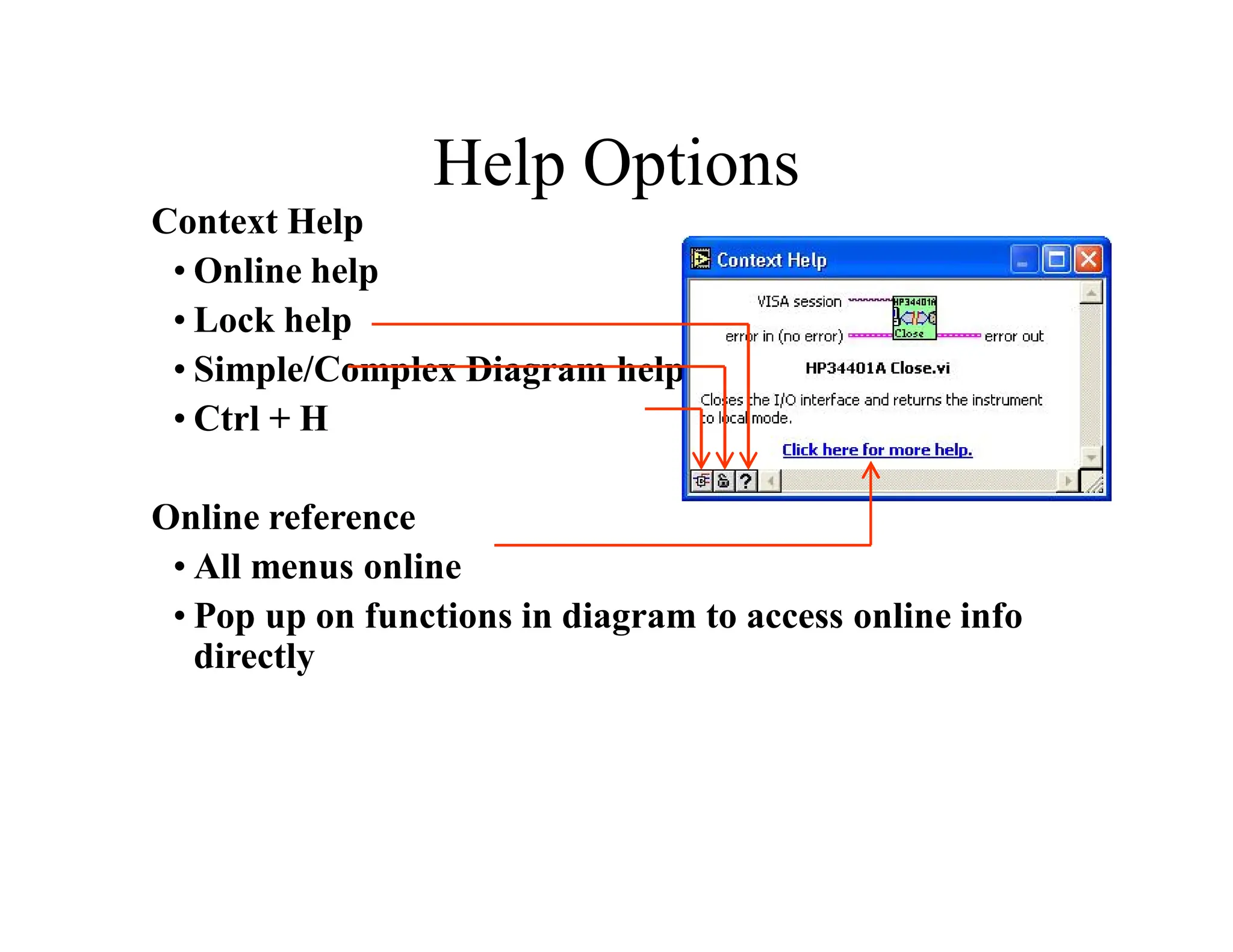 Help Options
Context Help
• Online help
• Lock help
• Simple/Complex Diagram help
• Ctrl + H
Online reference
• All menus online
• Pop up on functions in diagram to access online info
directly
 