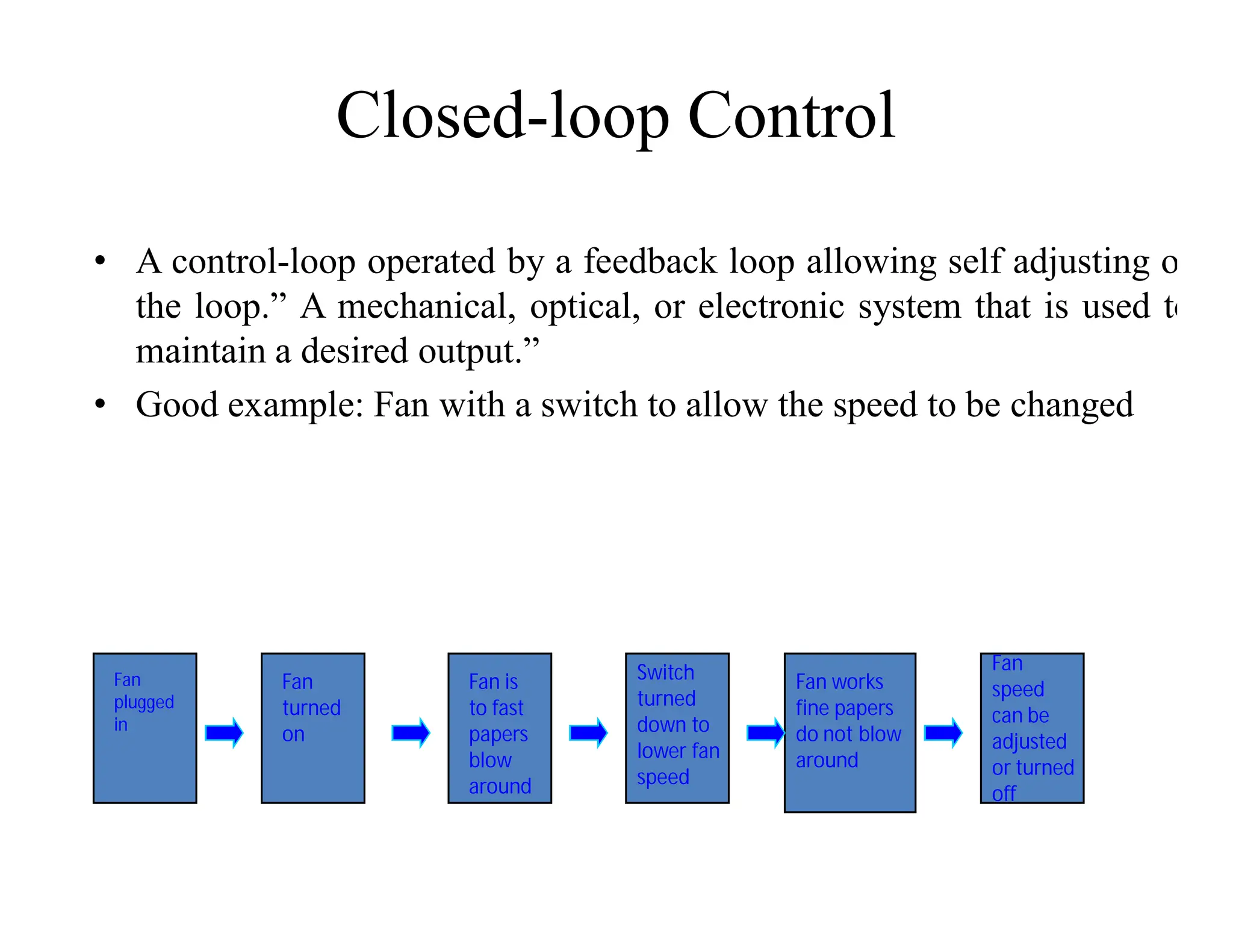 Closed-loop Control
• A control-loop operated by a feedback loop allowing self adjusting of
the loop.” A mechanical, optical, or electronic system that is used to
maintain a desired output.”
• Good example: Fan with a switch to allow the speed to be changed
Fan
plugged
in
Fan
turned
on
Fan is
to fast
papers
blow
around
Switch
turned
down to
lower fan
speed
Fan works
fine papers
do not blow
around
Fan
speed
can be
adjusted
or turned
off
 