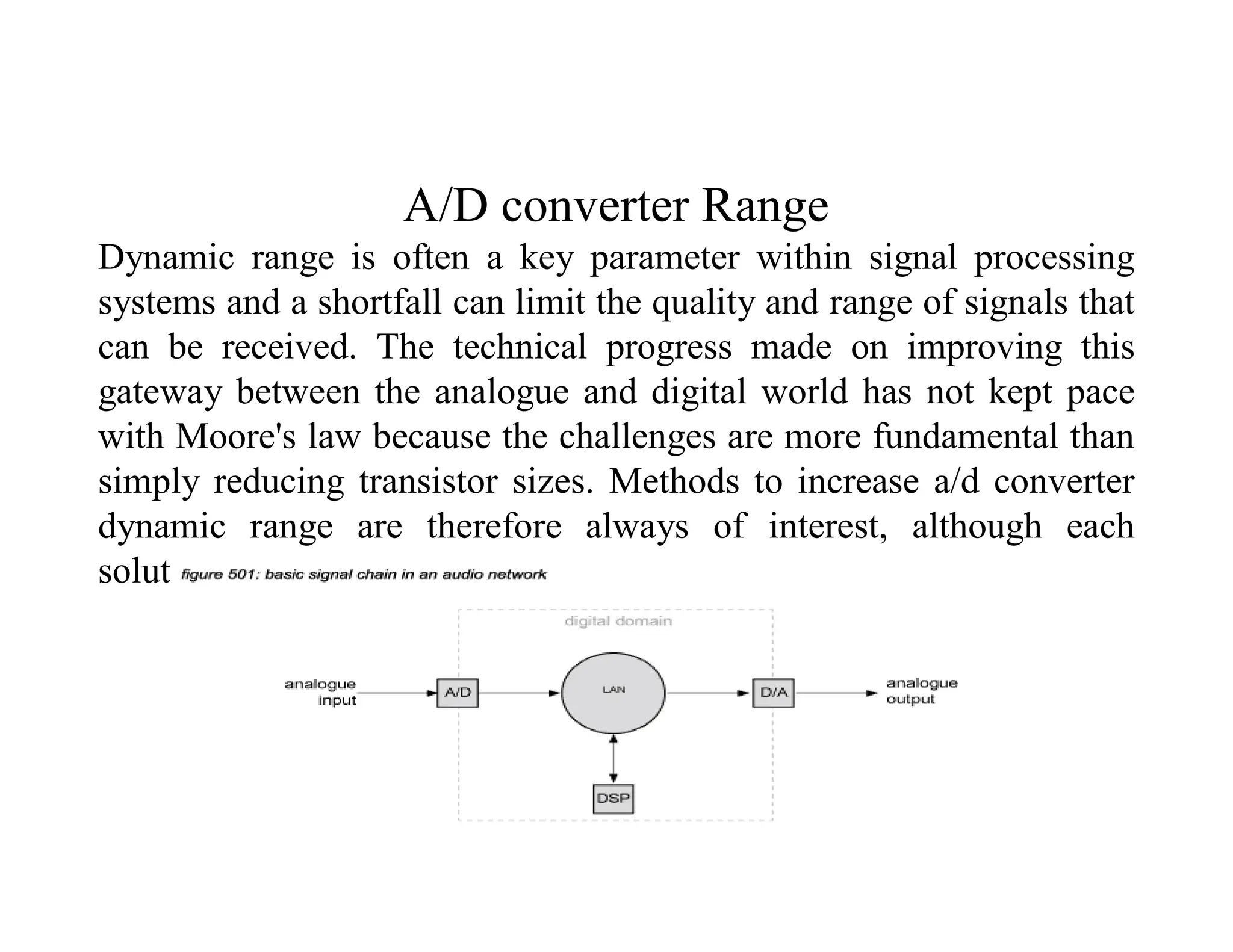 A/D converter Range
Dynamic range is often a key parameter within signal processing
systems and a shortfall can limit the quality and range of signals that
can be received. The technical progress made on improving this
gateway between the analogue and digital world has not kept pace
with Moore's law because the challenges are more fundamental than
simply reducing transistor sizes. Methods to increase a/d converter
dynamic range are therefore always of interest, although each
solution often suits particular applications.
 