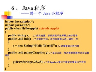 import java.applet.*; import java.awt.*; public class HelloApplet  extends Applet { public String s;  // 成员变量，存放要显示在屏幕上的字符串 public void init()  // 初始化方法，在网页被调入是只调用一次 { s = new String(“Hello World!”);  // 设置要显示的内容 } public void paint(Graphics g)  // 显示方法，每次需要重画时该方法被调用 { g.drawString(s,25,25);  // 在 Applet 窗口中指定位置显示字符串 } } 6 、 Java 程序 —— 第一个 Java 小程序 