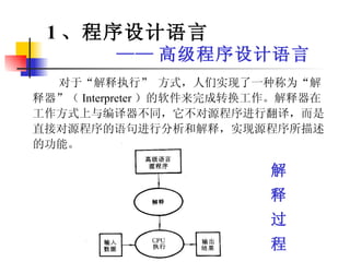 对于“解释执行” 方式，人们实现了一种称为“解释器”（ Interpreter ）的软件来完成转换工作。解释器在工作方式上与编译器不同，它不对源程序进行翻译，而是直接对源程序的语句进行分析和解释，实现源程序所描述的功能。 1 、程序设计语言 —— 高级程序设计语言 解 释 过 程 