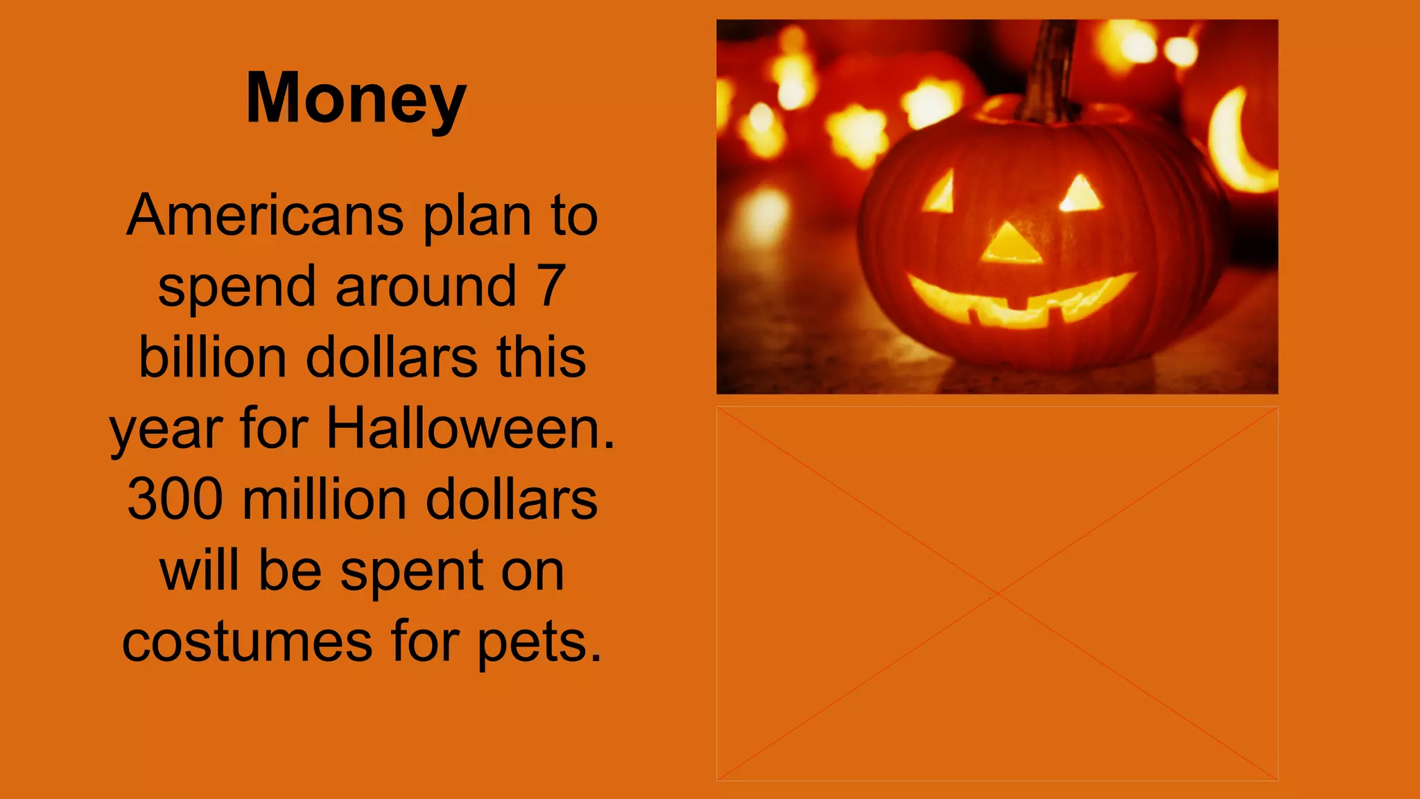 Money
Americans plan to
spend around 7
billion dollars this
year for Halloween.
300 million dollars
will be spent on
costumes for pets.