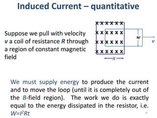 Induced Current – quantitative
Suppose we pull with velocity
v a coil of resistance R through
a region of constant magnetic
field
v
w
x
x x x x x x
x x x x x x
x x x x x x
x x x x x x
We must supply energy to produce the current
and to move the loop (until it is completely out of
the B-field region). The work we do is exactly
equal to the energy dissipated in the resistor, i.e.
W=I2Rt 10
 