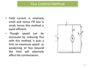 • Field current is relatively
small and hence I2R loss is
small, hence this method is
quiet efficient.
• Though speed can be
increased by reducing flux
with this method, it puts a
limit to maximum speed as
weakening of flux beyond
the limit will adversely
affect the commutation.
Flux Control Method
106
 