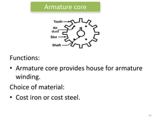 Functions:
• Armature core provides house for armature
winding.
Choice of material:
• Cost iron or cost steel.
Armature core
29
 