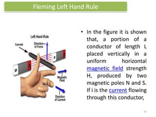 • In the figure it is shown
that, a portion of a
conductor of length L
placed vertically in a
uniform horizontal
magnetic field strength
H, produced by two
magnetic poles N and S.
If i is the current flowing
through this conductor,
Fleming Left Hand Rule
65
 