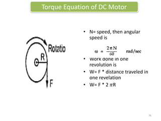 • N= speed, then angular
speed is
• Work done in one
revolution is
• W= F * distance traveled in
one revelation
• W= F * 2 𝜋R
Torque Equation of DC Motor
76
 