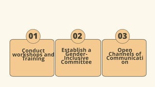 Establish a
Gender-
Inclusive
Committee
Open
Channels of
Communicati
on
01
Conduct
workshops and
Training
02 03
 
