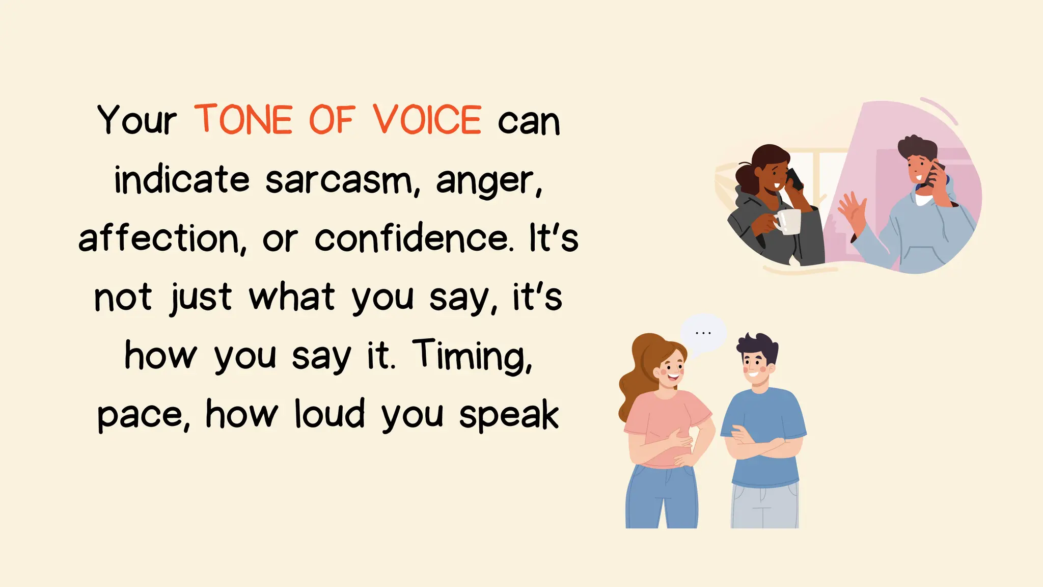 Your TONE OF VOICE can
indicate sarcasm, anger,
affection, or confidence. It’s
not just what you say, it’s
how you say it. Timing,
pace, how loud you speak
 