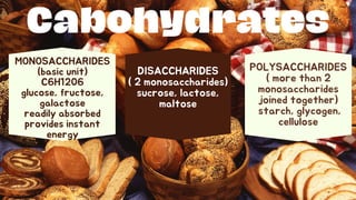 Cabohydrates
MONOSACCHARIDES
(basic unit)
C6H1206
glucose, fructose,
galactose
readily absorbed
provides instant
energy
DISACCHARIDES
( 2 monosaccharides)
sucrose, lactose,
maltose
POLYSACCHARIDES
( more than 2
monosaccharides
joined together)
starch, glycogen,
cellulose