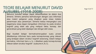 TEORI BELAJAR MENURUT DAVID
AUSUBEL (1918-2008)
Menurut Ausubel belajar dapat diklasifikasikan ke dalam dua
dimensi. Dimens pertama berhubungan dengan cara informasi
atau materi pelajaran yang disajikan pada siswa melalui
penerimaan atau penemuan. Dimensi kedua menyangkut cara
bagaimana siswa dapat mengaitkan informasi itu pada struktur
kognitif yang telah ada yang meliputi fakta, konsep, dan
generalisasi yang telah dipelajari dan diingat oleh siswa.
Bagi Ausebel belajar bermaknamerupakan suatu proses
dikaitkannya informasi baru pada konsep-konsep yang relevan
yang terdapat dalam struktur kognitif seseorang. Dalam belajar
bermakna, informasi baru a, b, c dikaitkan pada konsep-konsep
relevan dalam struktur kognitif (subsume A, B, C).
Page 13 of 17
 
