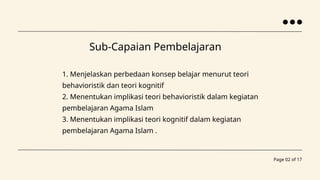 1. Menjelaskan perbedaan konsep belajar menurut teori
behavioristik dan teori kognitif
2. Menentukan implikasi teori behavioristik dalam kegiatan
pembelajaran Agama Islam
3. Menentukan implikasi teori kognitif dalam kegiatan
pembelajaran Agama Islam .
Page 02 of 17
Sub-Capaian Pembelajaran
 