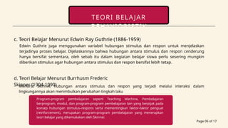 Page 06 of 17
TEORI BELAJAR
BEHAVIORISTIK
c. Teori Belajar Menurut Edwin Ray Guthrie (1886-1959)
Edwin Guthrie juga menggunakan variabel hubungan stimulus dan respon untuk menjelaskan
terjadinya proses belajar. Dijelaskannya bahwa hubungan antara stimulus dan respon cenderung
hanya bersifat sementara, oleh sebab itu dalam kegiatan belajar siswa perlu sesering mungkin
diberikan stimulus agar hubungan antara stimulus dan respon bersifat lebih tetap.
d. Teori Belajar Menurut Burrhusm Frederic
Skinner (1904-1990)
Menurut Skinner, hubungan antara stimulus dan respon yang terjadi melalui interaksi dalam
lingkungannya akan menimbulkan perubahan tingkah laku
Program-program pembelajaran seperti Teaching Machine, Pembelajaran
berprogram, modul, dan program-program pembelajaran lain yang berpijak pada
konsep hubungan stimulus–respons serta mementingkan faktor-faktor penguat
(reinforcement), merupakan program-program pembelajaran yang menerapkan
teori belajar yang dikemukakan oleh Skinner.
 