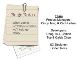 Team
Product Managers:
Cindy Tong & Zach Leitner
Developers:
Doug Tsui, Colbert
Tse & Caleb Chen
UX Designer:
Linden Rock
 