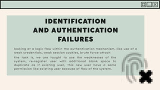 looking at a logic flaw within the authentication mechanism, like use of a
weak credentials, weak session cookies, brute force attach
the task is, we are taught to use the weaknesses of the
system, re-register user with additional blank space to
duplicate as if existing user, this new user have a same
permission like existing user because of flaw of the system.
 
