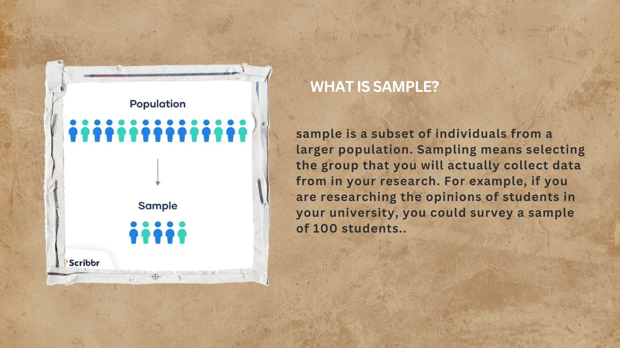 WHAT IS SAMPLE?
sample is a subset of individuals from a
larger population. Sampling means selecting
the group that you will actually collect data
from in your research. For example, if you
are researching the opinions of students in
your university, you could survey a sample
of 100 students..
 