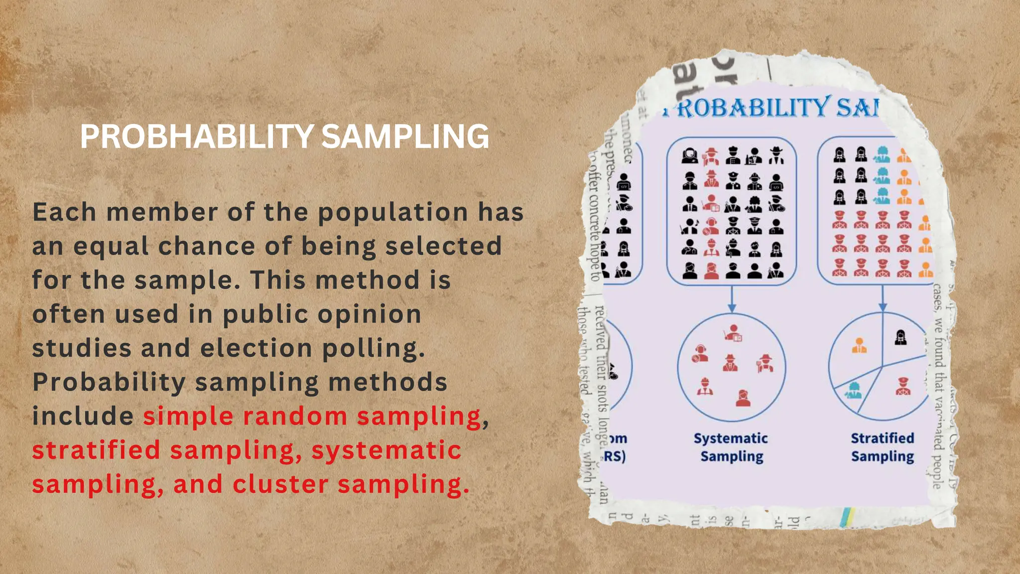 PROBHABILITY SAMPLING
Each member of the population has
an equal chance of being selected
for the sample. This method is
often used in public opinion
studies and election polling.
Probability sampling methods
include simple random sampling,
stratified sampling, systematic
sampling, and cluster sampling.
 
