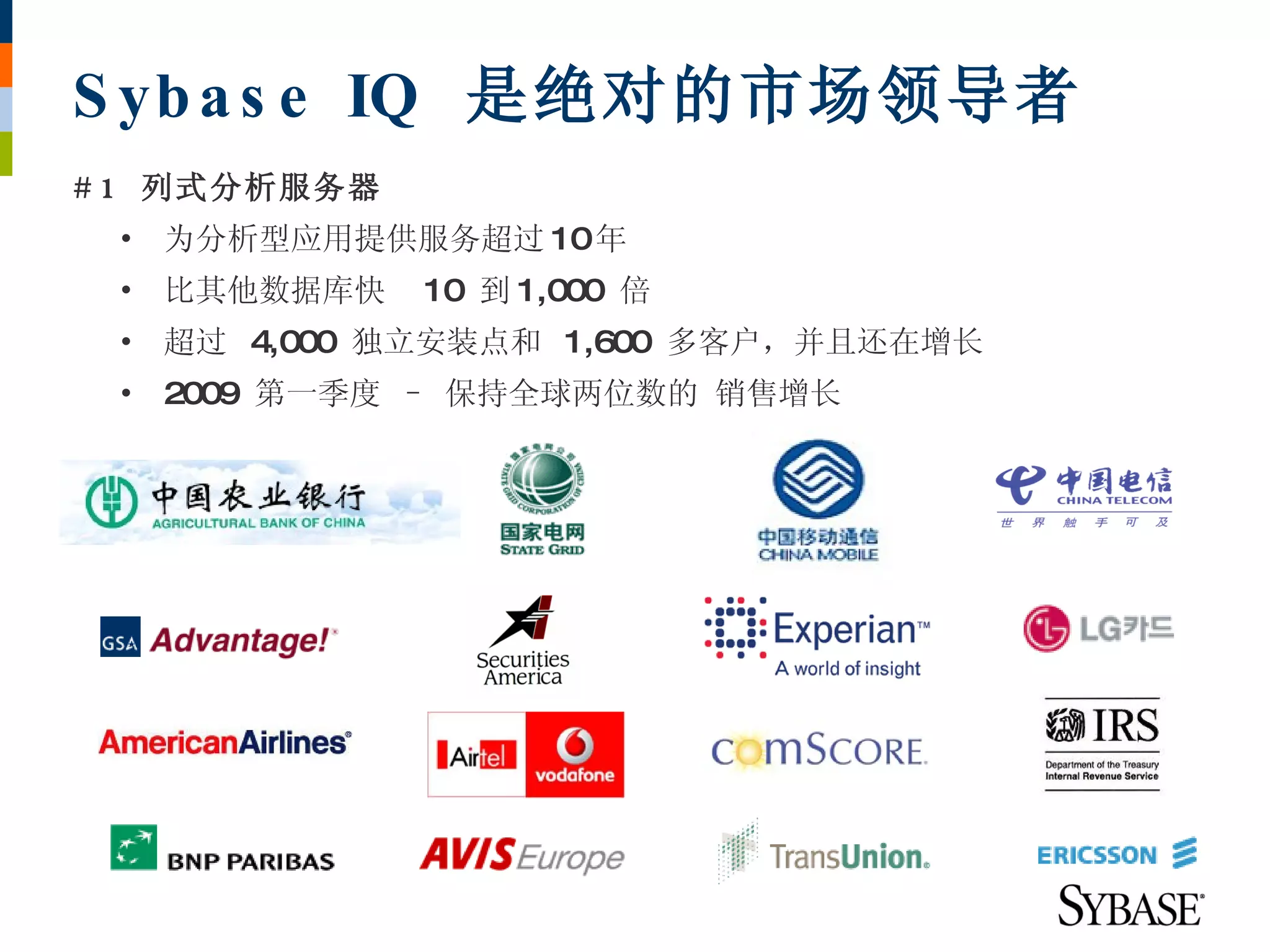 S yb a s e IQ 是绝对的市场领导者
# 1 列式分析服务器
 •   为分析型应用提供服务超过 10年
 •   比其他数据库快   10 到 1,000 倍
 •   超过 4,000 独立安装点和 1,600 多客户，并且还在增长
 •   2009 第一季度 – 保持全球两位数的 销售增长
 