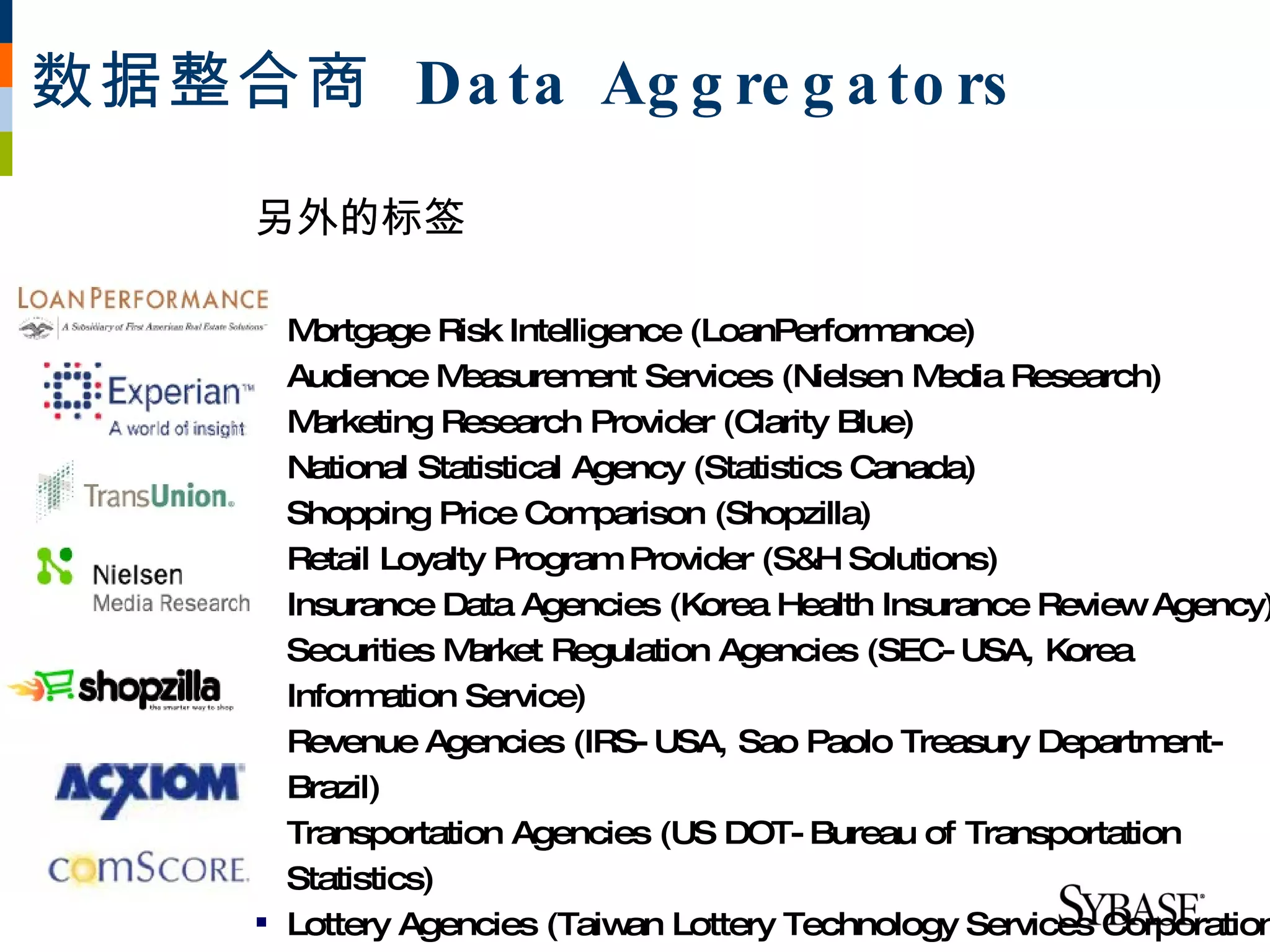 数据整合商 Da ta Ag g re g a to rs

      另外的标签

       M ortgage Risk Intelligence (LoanPerform   ance)
       Audience M   easurem   ent Services (Nielsen Media Research)
       M arketing Research Provider (Clarity Blue)
       National Statistical Agency (Statistics Canada)
       Shopping Price Com     parison (Shopzilla)
       Retail Loyalty Program Provider (S&H Solutions)
       Insurance Data Agencies (Korea Health Insurance Review Agency)
       Securities M  arket Regulation Agencies (SEC- USA, Korea
        Inform  ation Service)
       Revenue Agencies (IRS- USA, Sao Paolo Treasury Departm       ent-
        Brazil)
       Transportation Agencies (US DOT- Bureau of Transportation
        Statistics)
       Lottery Agencies (Taiw Lottery Technology Services Corporation
                                 an
 