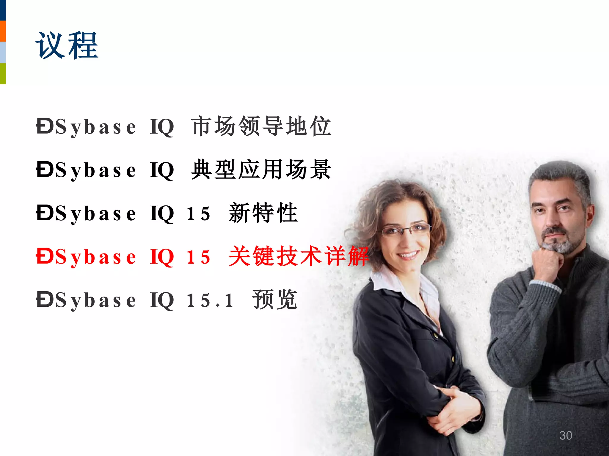 议程

–S yb a s e IQ 市场领导地位
–S yb a s e IQ 典型应用场景
–S yb a s e IQ 1 5 新特性
–S yb a s e IQ 1 5 关键技术详解
–S yb a s e IQ 1 5 . 1 预览




                            30
 