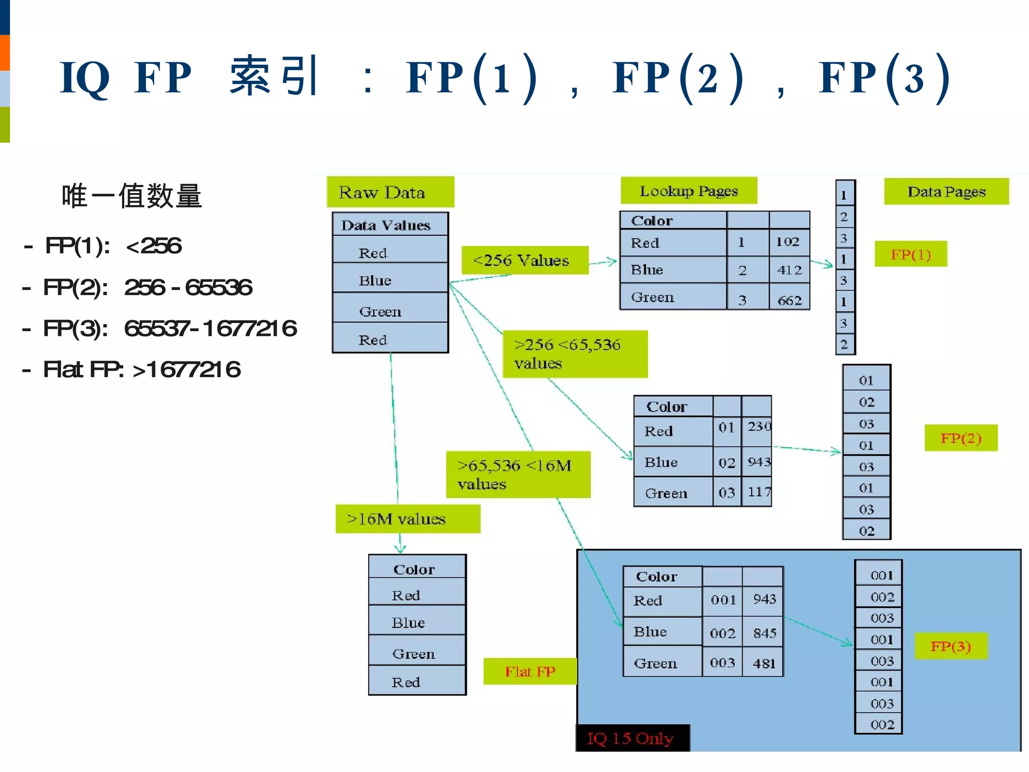 IQ FP 索引 ： FP (1 ) ， FP (2 ) ， FP (3 )

   唯一值数量
- FP(1): <256
- FP(2): 256 - 65536
- FP(3): 65537- 1677216
- Flat FP: >1677216
 