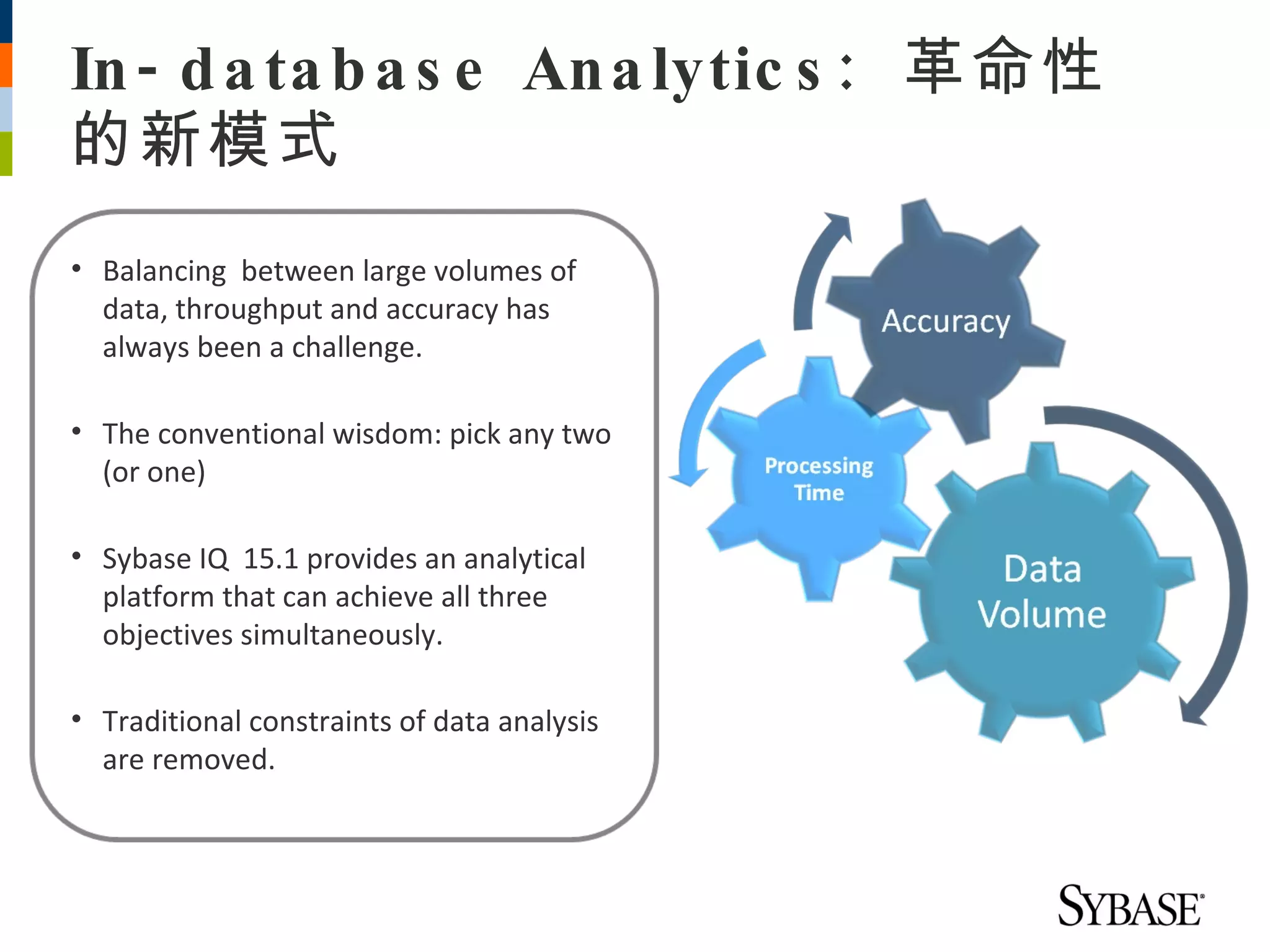 In - d a ta b a s e An a lytic s : 革命性
的新模式
• Balancing between large volumes of
  data, throughput and accuracy has
  always been a challenge.

• The conventional wisdom: pick any two
  (or one)

• Sybase IQ 15.1 provides an analytical
  platform that can achieve all three
  objectives simultaneously.

• Traditional constraints of data analysis
  are removed.
 
