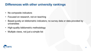 Differences with other university rankings
• No composite indicators
• Focused on research, not on teaching
• Based purely...