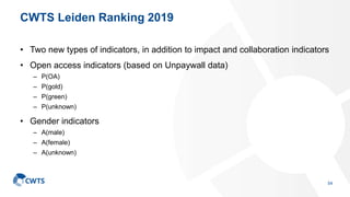 CWTS Leiden Ranking 2019
• Two new types of indicators, in addition to impact and collaboration indicators
• Open access i...