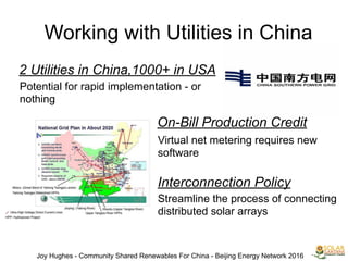 Working with Utilities in China
2 Utilities in China,1000+ in USA
On-Bill Production Credit
Virtual net metering requires new
software
Potential for rapid implementation - or
nothing
Interconnection Policy
Streamline the process of connecting
distributed solar arrays
Joy Hughes - Community Shared Renewables For China - Beijing Energy Network 2016
 