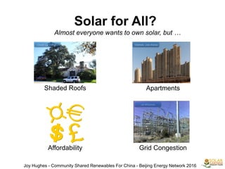 Solar for All?
Almost everyone wants to own solar, but …
Shaded Roofs Apartments
Affordability Grid Congestion
Joy Hughes - Community Shared Renewables For China - Beijing Energy Network 2016
Credit: Larry Moore CEphoto, Uwe Aranas
via Wikipedia
 