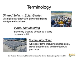 Terminology
Shared Solar -or- Solar Garden
A single solar array with power credited to
multiple subscribers.
Virtual Net Metering
Electricity credited directly to a utility
customer’s bill.
Community Solar
A broader term, including shared solar,
crowdfunded solar, and rooftop bulk
purchase.
Ellensburg Solar Community, Washington
Arizona Community Solar Plant
Joy Hughes - Community Shared Renewables For China - Beijing Energy Network 2016
 