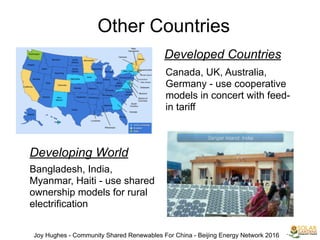 Other Countries
Developing World
Bangladesh, India,
Myanmar, Haiti - use shared
ownership models for rural
electrification
Developed Countries
Canada, UK, Australia,
Germany - use cooperative
models in concert with feed-
in tariff
Joy Hughes - Community Shared Renewables For China - Beijing Energy Network 2016
Sangar Island, India
 